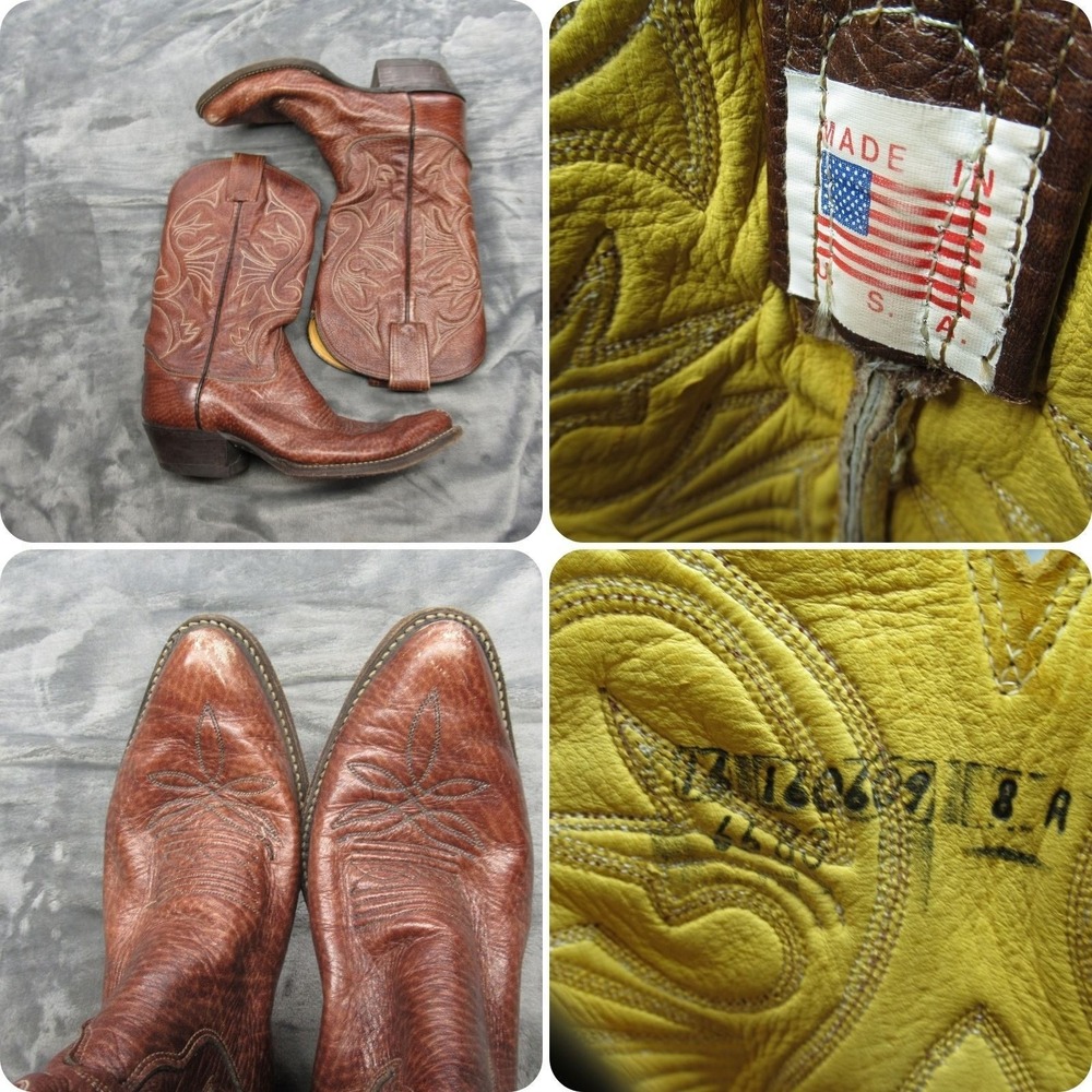 Olathe Cowboy Boots Men 8 R Brown Leather Pointed Toe Western USA Made VTG 90s